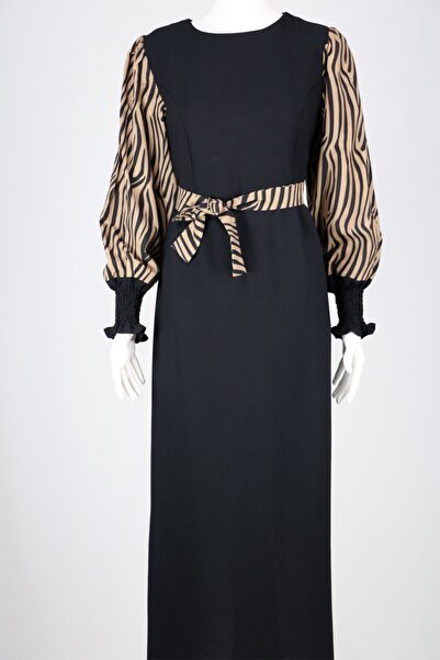 hepyen Siyah Kolları Camel Zebra Desenli Elbise