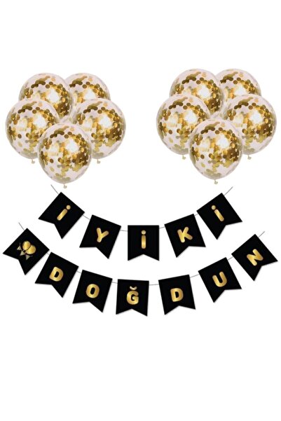 Parti dolabı Happy Birthday - Transparent Balloon Set with Black Gold Banner and Confetti