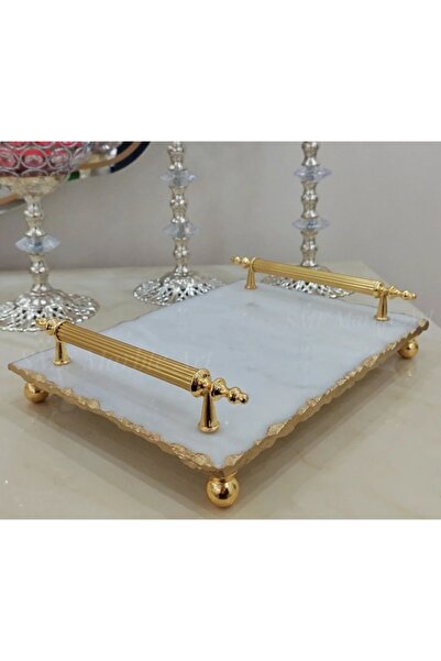 Sümeyra Marble Art Antique - Natural White Marble Tray with Handle | Bead Footed Tray | Coffee Presentation Tray | 20x30cm |