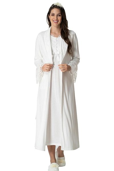 Mecit Pijama طقم ثوب نوم للحوامل مكون من قطعتين بأكمام طويلة مع ثوب صباحي طويل وتفاصيل جبر 80% قطن، 20% فيسكوز