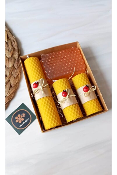 Petekoğlu Bal Mumu Mum Gerçek Ballı Sabun Ile Birlikte Doğal Petek Balmumu Mum Seti Uğur Böceği Beeswax Candle