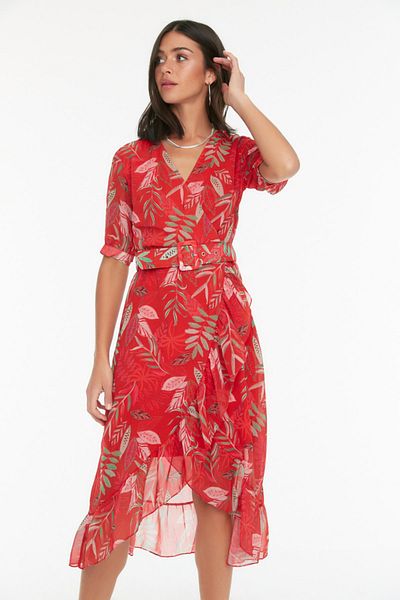 Trendyol Collection Ρόδι λουλούδι με διπλό γιακά με σχέδιο σκέιτερ/ζώνη που ανοίγει υφασμένο φόρεμα με μίντι γραμμή TWOSS21EL2141