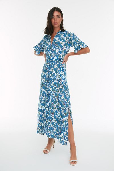 Trendyol Collection Sötétkék öves virágmintás Maxi Viscose szőtt ingruha TWOSS19EL0094