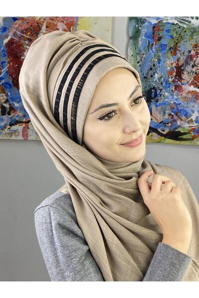 BUTİKAMBAR Taş Renkli Ince Çizgili Asimetrik Drapeli Şal