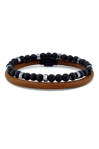 Solfera Tan Original Leather and Natural Stone Double Men's Bracelet Set J0182