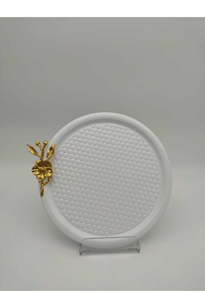 Mira züccaciye صينية تقديم زهور ذهبية مستديرة منقوشة باللون الأبيض، صينية تقد...