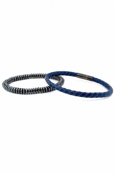 Solfera Navy Blue Leather Anthracite Hematite Natural Stone Men's Bracelet J0187
