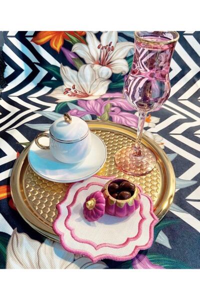 Mira züccaciye Yuvarlak Desenli Gold Sunum Tepsisi Dekoratif Servis Tepsisi Çay, Kahve Ikramlık 23 Cm