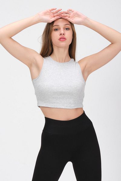 PUNKY CAT Γυναικείο μπλουζάκι με γκρι λαιμόκοψη Crop Top Αμάνικο καμιζόλ
