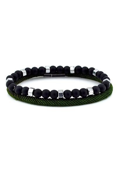 Solfera Black Matte Onyx and Green Knitted Rope Combination Men's Bracelet J0181