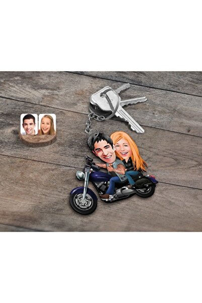 Bk Gift Kişiye Özel Motorcu Sevgililer Karikatürlü Ahşap Anahtarlık-1
