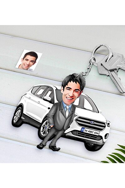 Bk Gift Kişiye Özel Erkek Ford Kuga Figürlü Plakalı Ahşap Karikatür Anahtarlık-1