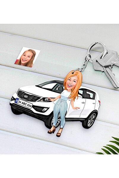 Bk Gift Kişiye Özel Bayan Kia Sportage Figürlü Plakalı Ahşap Karikatür Anahta...