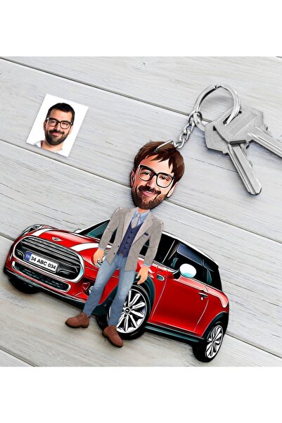 Bk Gift Kişiye Özel Bay Mini Cooper Figürlü Plakalı Ahşap Karikatür Anahtarlık