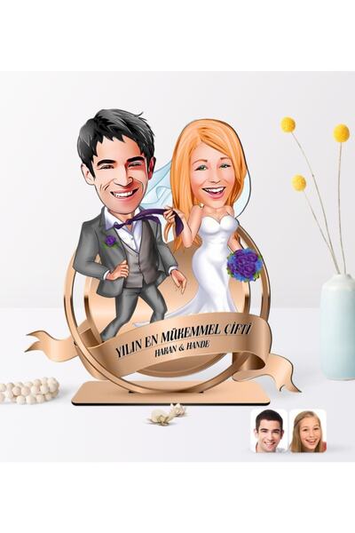 BK Kişiye Özel Yılın En Mükemmel Çifti Karikatürlü 3d Ahşap Biblo Plaket-71