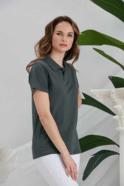 GİRGİNHOME Γυναικείο μπλουζάκι με γιακά πόλο ανθρακί