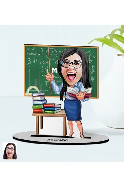 Bk Gift Kişiye Özel Kadın Matematik Öğretmeni Karikatürlü Ahşap Biblo Model-1