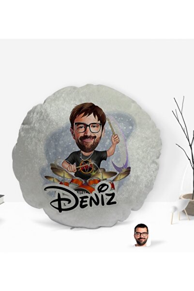 Bk Gift Kişiye Özel Isimli Erkek Baterist Karikatürlü Yuvarlak Dekoratif Kırl...