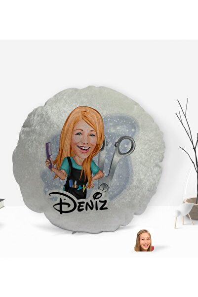 Bk Gift Kişiye Özel Isimli Kadın Kuaför Karikatürlü Yuvarlak Dekoratif Kırlen...