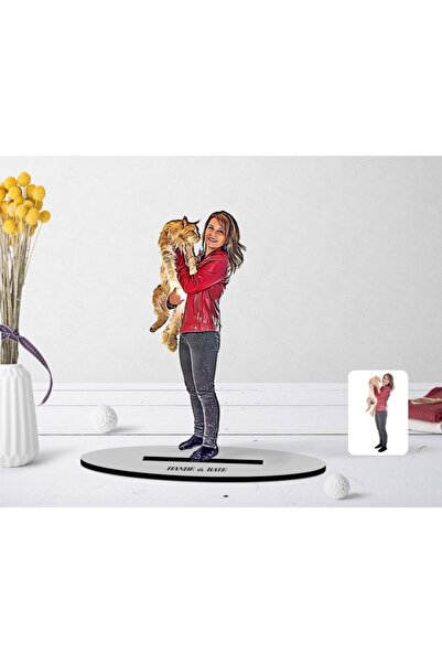 Bk Gift Kişiye Özel Tam Boy Kız Ve Kedi Karikatürlü Ahşap Biblo Model-1