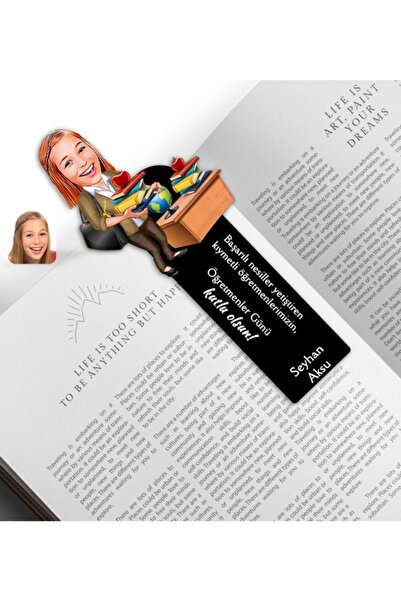 Bk Gift Kişiye Özel Kadın Öğretmen Karikatürlü Ahşap Kitap Ayracı-4