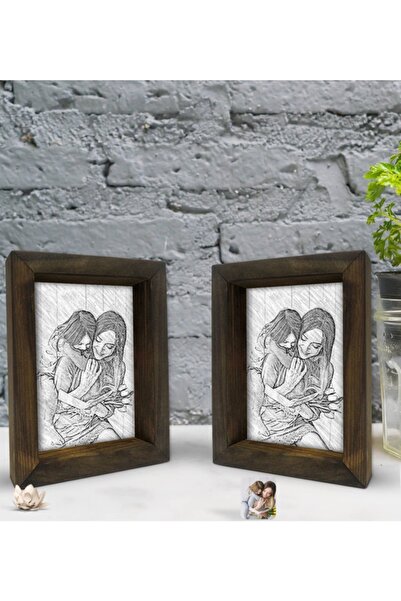Bk Gift Kişiye Özel Fotoğraflı Karakalem Dekoratif 2'li Doğal Masif Ahşap Çer...