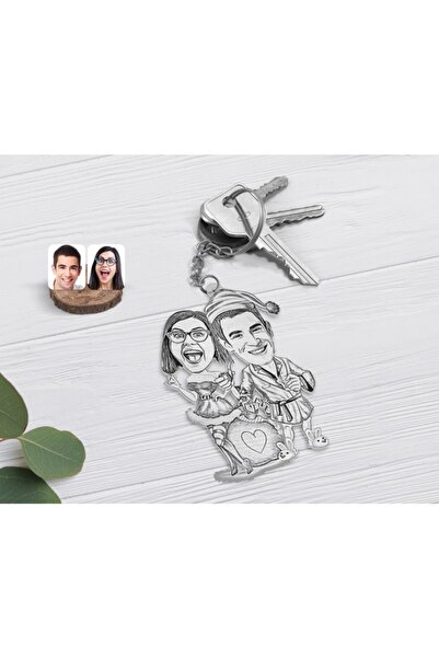 Bk Gift Kişiye Özel Karakalem Yılbaşı Çift Karikatürlü Şeffaf Pleksi Anahtarl...