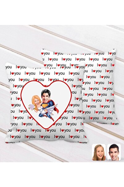 Bk Gift Kişiye Özel Sevgililer Karikatürlü I Love You Kalp Desenli Dekoratif ...