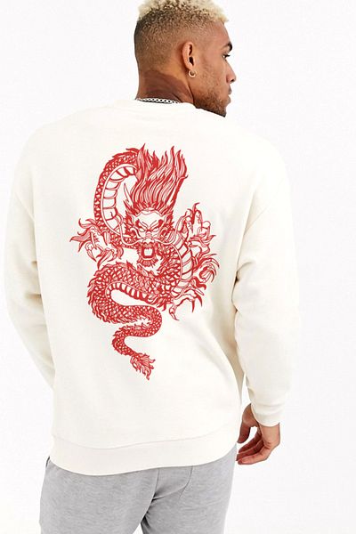 Pasage Trend Nice Oversize Μπροστινό Dragon εμπριμέ λευκό φούτερ