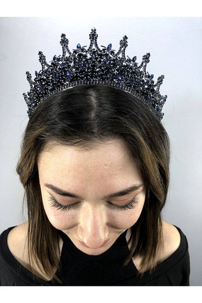 Hobigram Leganis Henna și Coroana de Mireasă Albastru Marin – Coroană, Piatră de Cristal, Model Elegant, Coroană de Mireasă, Accesoriu de Păr – Coroană