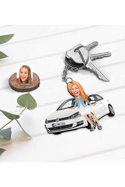 Bk Gift Kişiye Özel Kadın Vw Golf Figürlü Plakalı Ahşap Karikatür Anahtarlık-1