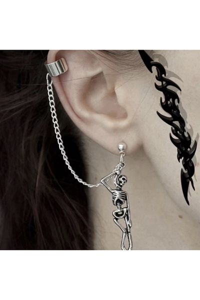 Köstebek Gothic Punk Skeleton - Long Chain Skull Earrings