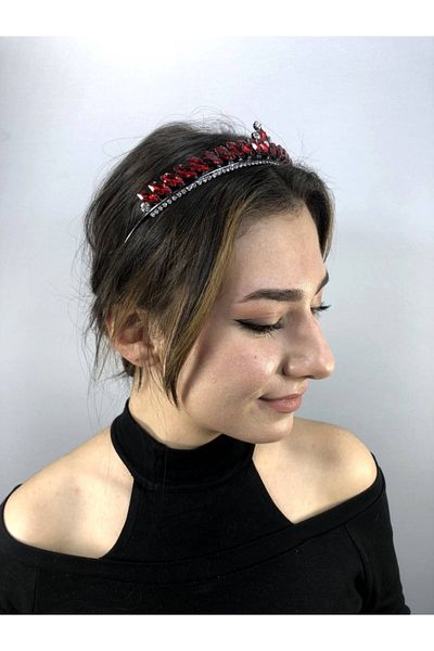 Hobigram Coroana Henna Model Isabella cu piatră roșie argintie – Coroană, piatră de cristal, model elegant, coroană de mireasă – coroană