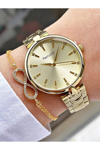Ferrucci Altın Renk Sade Şık Dizayn Kadın Kol Saati + Bileklik Hediyeli