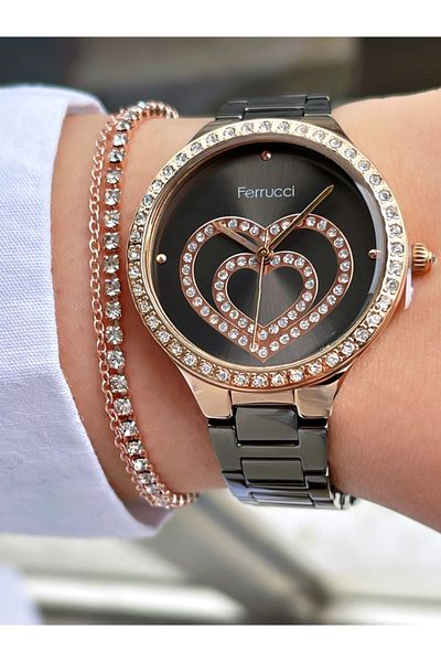 Ferrucci Smoke Color Rose Gold Case Heart Model Women's Wristwatch + Bracelet Gift