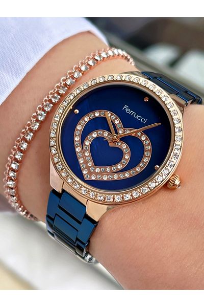 Ferrucci Dark Blue Color Rose Gold Case Heart Model Women's Wristwatch + Bracelet Gift