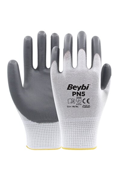 Beybi Pn5 Polyester Knitted Nitrile Cotton Gloves-Grey-No:10-12 Pairs
