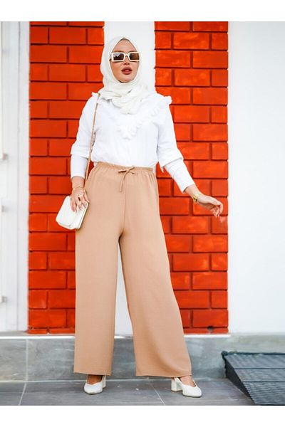 Por La Cara Women's Camel Elastic Waist Loose Trousers