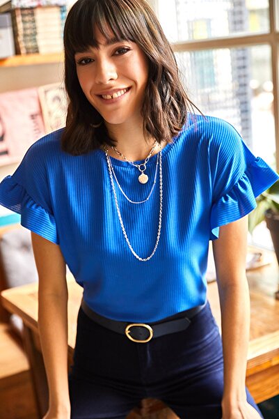 Olalook Damska niebieska koszulka na ramiączkach Saks z marszczonymi rękawami TSH-19000417