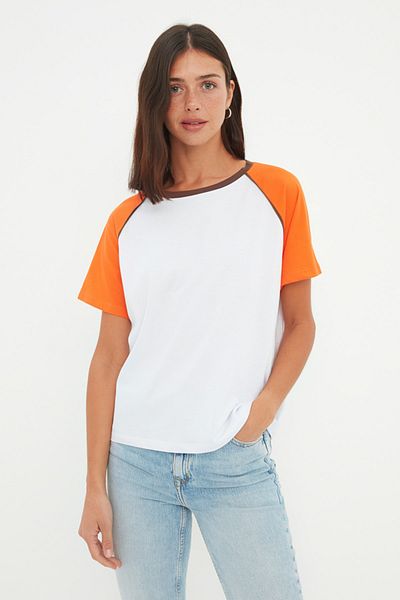 Trendyol Collection Tricou tricotat portocaliu, 100% bumbac, cu croială relaxată, cu mâneci raglan de bază, cu decolteu, TWOSS22TS1359