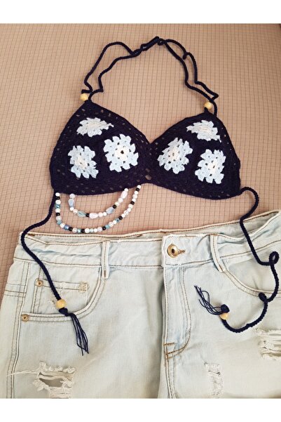 SOUL BY A&B El Örgü Lacivert Bikini El Örgüsü Mavi Beyaz Renkli Bikini Üstü Ö...