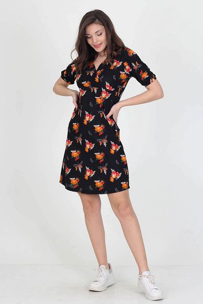 Neşeli Butik Rochie mini din crepon tricotată cu imprimeu floral pentru femei, cu guler dublu, Nb10022