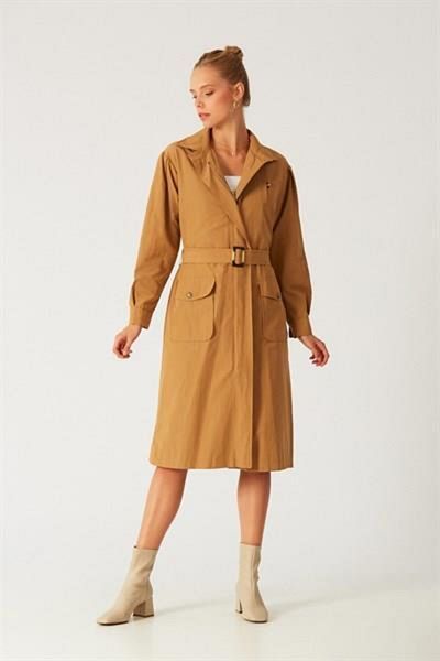 Giyim Dünyası Women's Pocketed Belted Trench Coat Camel
