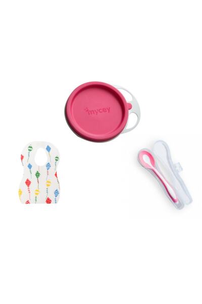 mycey طقم تغذية مكون من 3 قطع (طبق طعام + ملعقة طعام + مريلة)