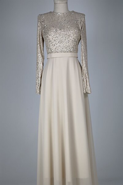 hepyen Krem Üstü Payetli Altı Şifon Elbise