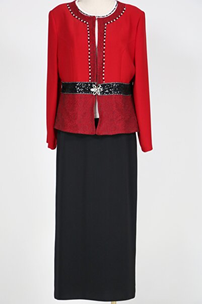 hepyen Kırmızı Önü Taşlı Beli Payetli Anne Takım