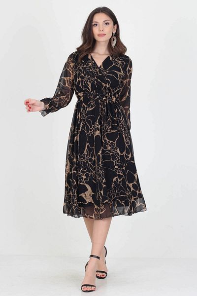 Neşeli Butik Γυναικείο φόρεμα σιφόν με φόδρα νέας σεζόν με διπλό γιακά μίντι μήκος Rssn06