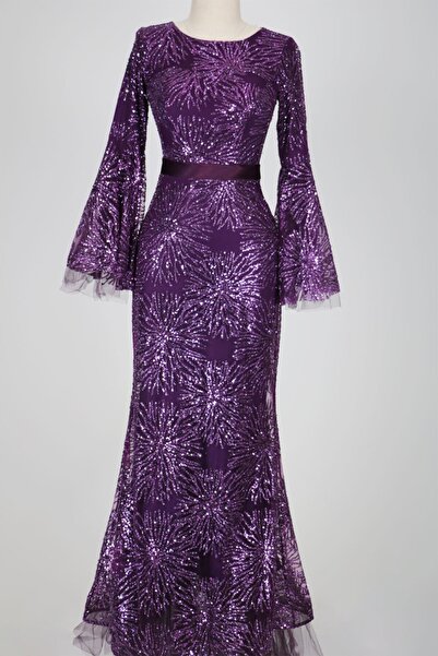 hepyen Mor Beli Saten Eteği Tül Parçalı Pullu Elbise