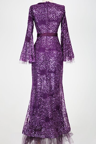 hepyen Mor Beli Saten Eteği Tül Parçalı Pullu Elbise