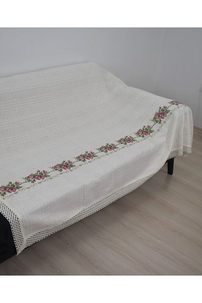 TUNCAY TEKSTİL 220 Cm Cross Stitch Sofa Bed Sofa Cover Red Cross Stitch Embroidered Canvas Couch Cover